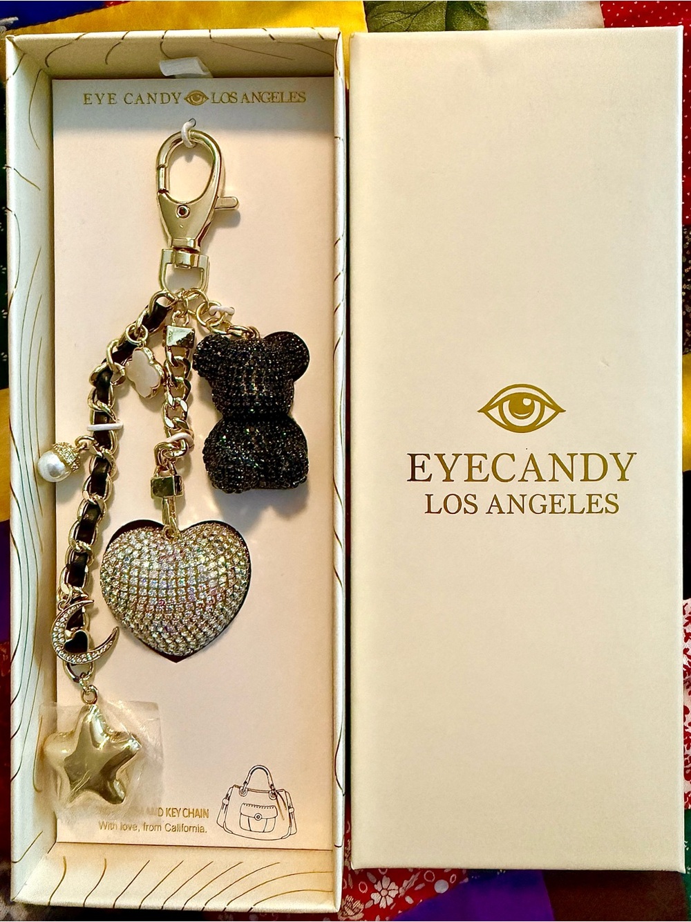 Eye Candy LA Black Crystal Bear & Heart Keychain/purse charms new in box gold